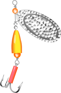Spinner lure with ring, dish, body/weight and hook